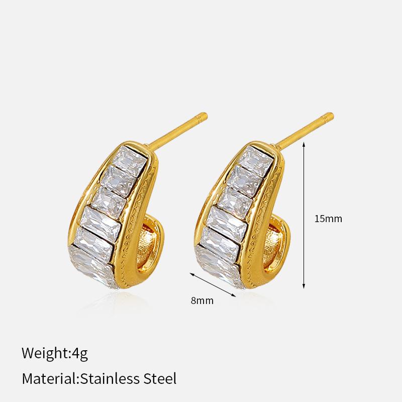 

Fashion Golden Titanium Steel C-shaped Stud Earrings For Women, Luxury Stainless Steel Zircon Earrings Non-fading Premium Ear Jewelry 3
