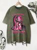 Cute Pink Puppet Rabbit Prints Washed TShirt Womens Cotton T Shirts ONeck Oversized Acid Wash Tops Summer Casual Woman Clothes