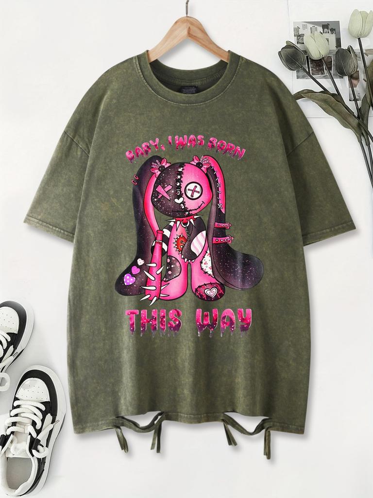 Cute Pink Puppet Rabbit Prints Washed TShirt Womens Cotton T Shirts ONeck Oversized Acid Wash Tops Summer Casual Woman Clothes