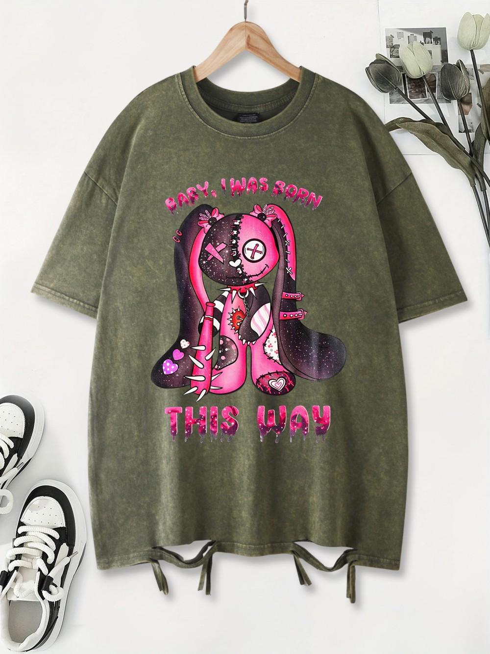

Cute Pink Puppet Rabbit Prints Washed TShirt Womens Cotton T Shirts ONeck Oversized Acid Wash Tops Summer Casual Woman Clothes S