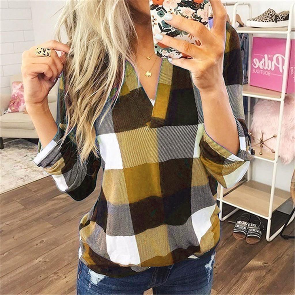 Maglietta a maniche lunghe da donna, casual, con scollo a V, a quadri, aderente, lunga