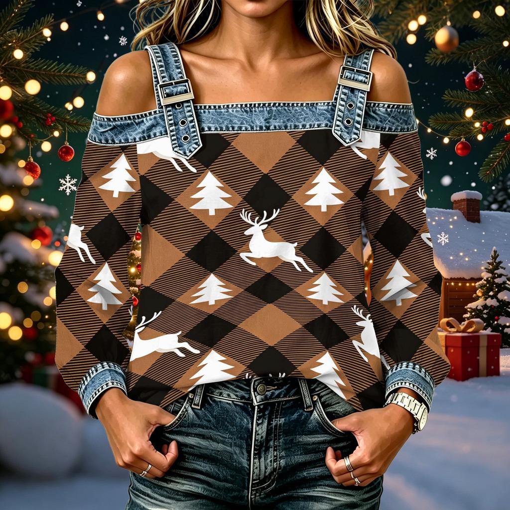 Women's Casual Off-Shoulder Long Sleeve Christmas Print Top for Holiday Parties