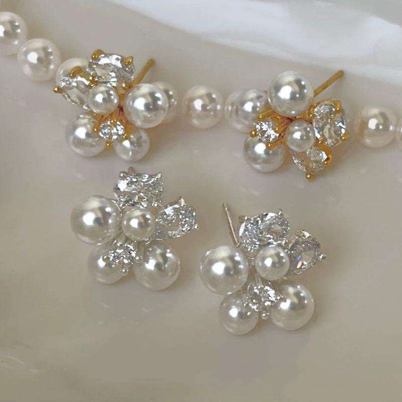 Romantic Zirconia Petal Pearl Stud Earrings: Unique, Beautiful, Light Luxury Flower Design for New Year.