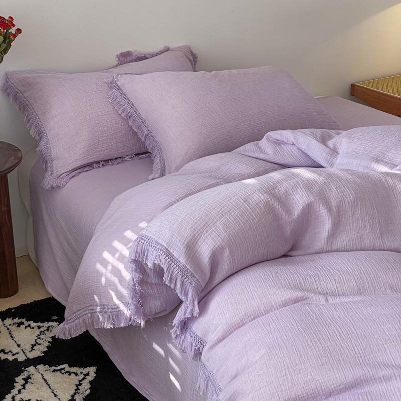 

Хлопок-сырец класса А для младенцев и матерей, натуральный цвет хлопка, двухслойная мятая пряжа, французская бахрома, набор из 4 предметов, простой однотонный 1.8m bed sheet 4pc quilt 2*2.3cm