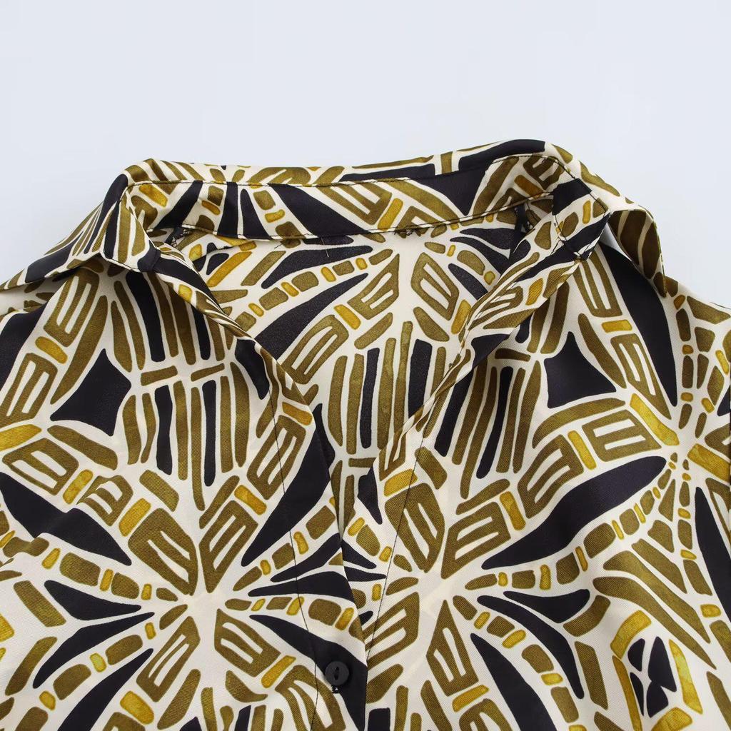 Vestido Midi Estampado con Cinturón y Cuello en V Europeo y Americano para Mujer Primavera 2025