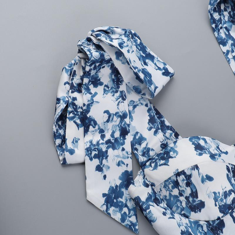 Vintage Blue Print Bow Lace-Up Sling Dress For Women High Waist Pleated A-Line Mini Dresses Summer New Vocation Lady Vestidos