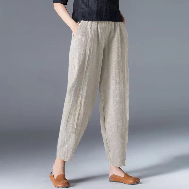 Linen Casual Pants, Women's Spring and Autumn Large-sized Loose Harem Pants, High-waisted Slimming 9-inch Pants