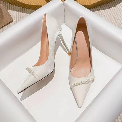 Spring Fine Heel Single Shoes Rice High Heels Women's Fashion Pointed Temperament Women's Shoes Pearl