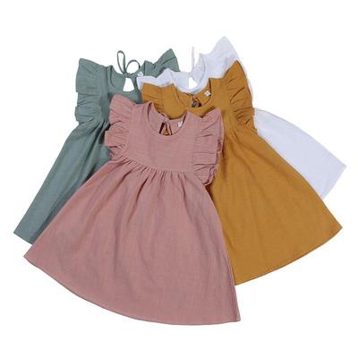 Girls' Solid Color Flying Sleeve Princess Dress with Back Collar Tie