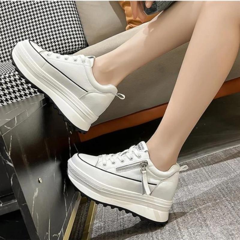 Fashion 2025 New 8.5cm Women dermis Sneakers Autumn Winter Hidden Heel Casual Shoes Side Zip Women White Platform White shoes 34 40
