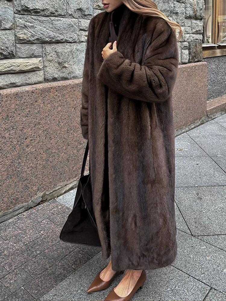 

2024 Європейський та американський транскордонний однотонний наддовгий хутряний плащ - Модний, теплий, товстий плюшевий верхній одяг з довгим рукавом для осені та зими Small коричневий