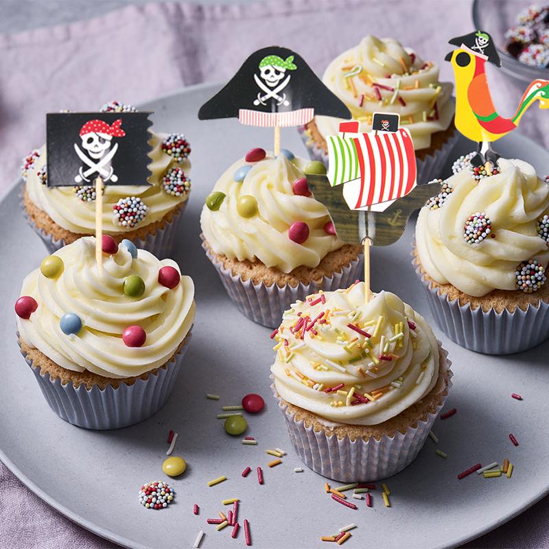 24/48pcs Pirate Cake Toppers Nautical Sailing Skull Cap Cupcake Picks for Kid Birthday Halloween Party Pirate Theme Cake Decor
