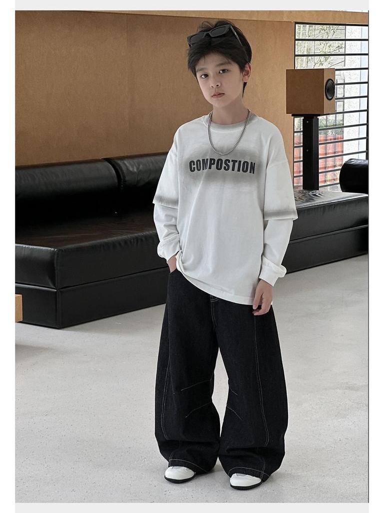 2025 Autumn Boys' American Trend Raw Denim Slimming Jeans - Loose, Straight Leg Pants