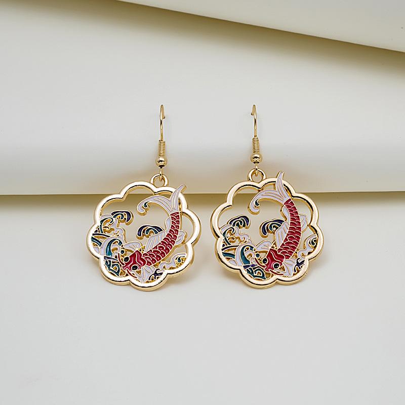 Chinese National Style Koi & Deer Moon Rabbit Colorful Cartoon Ear Hook Earrings