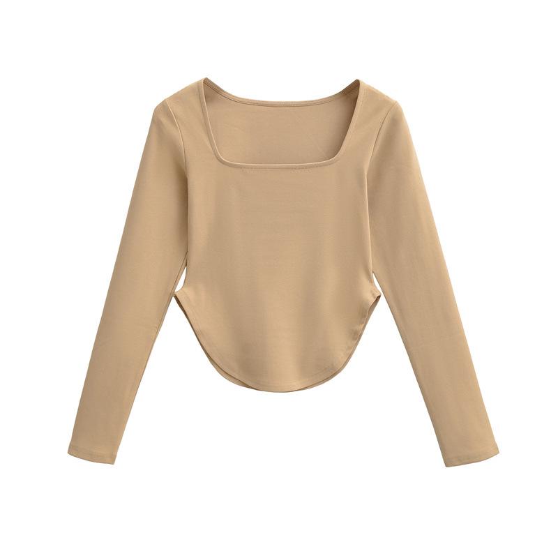 Spicy Girl Square Neck Cinched Waist Long Sleeve T-Shirt for Women - Spring/Autumn Base Layer, High Waist, Curved Style Top