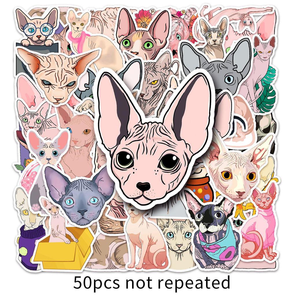 Sphinx Hairless Cat Waterproof Stickers - 50 Cartoon Sheets for Phone and Suitcase Decoration