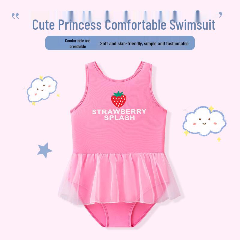 Girls' Strawberry One-Piece Swimsuit with Mesh Skirt - Quick-Drying and Breathable Pink Tankini