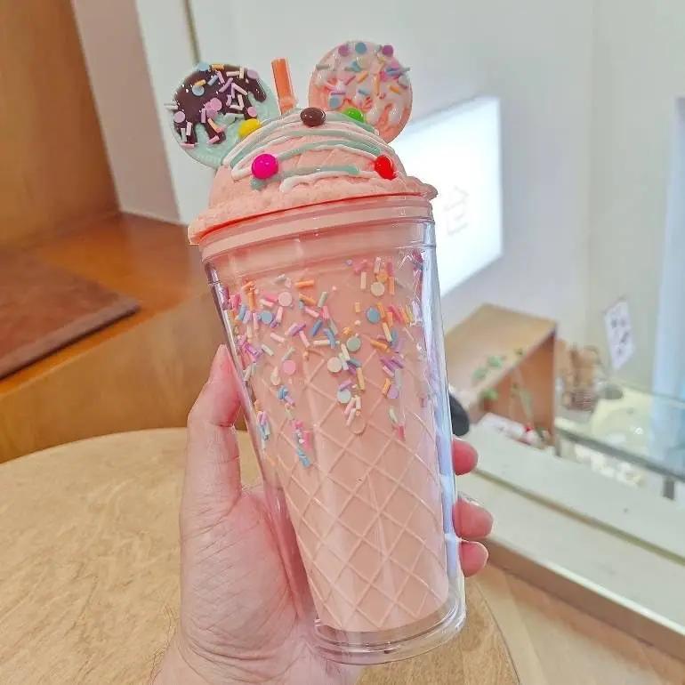 450ml Cute Water Bottle for Girls with Sequins BPA FREE Double Wall Tumbler with Straw Reusable Smoothie Cup Drinkware Xmas Gift