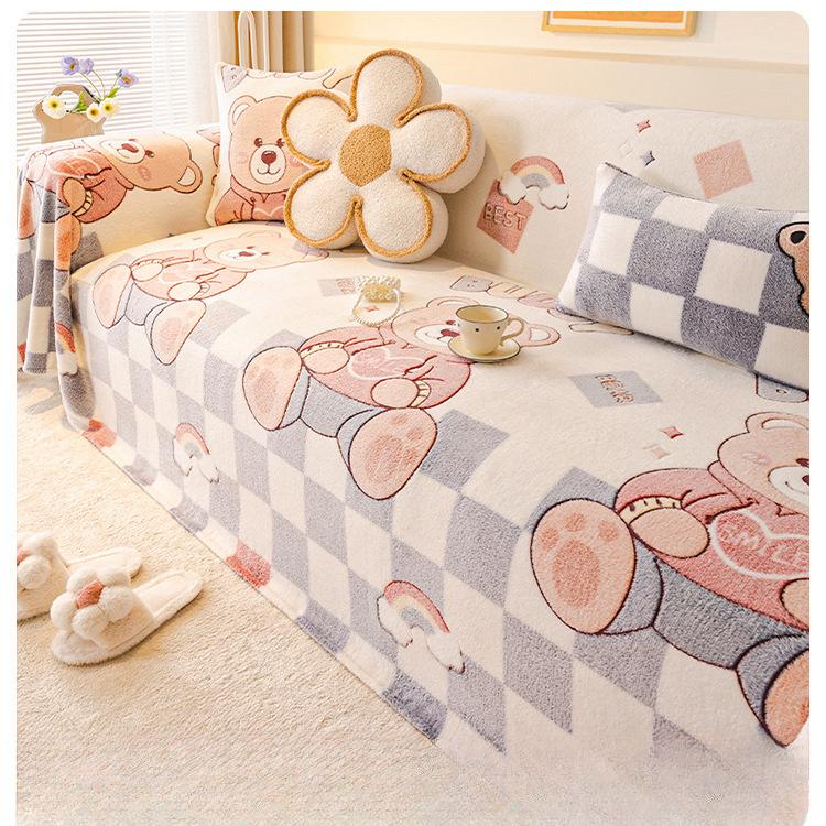 Cute Cartoon Sofa Cover Towel Autumn and Winter Thickening Milk Fiber Anti-Scratching Sofa Cushion All-Inclusive Sofa Cover Dust Cover