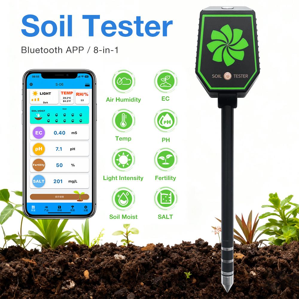 Bluetooth 8 in 1 Soil Tester Soil Meter pH EC Salt Fertility Moisture Air Humidity Temperature Light Intensity Meter App Control