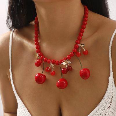 Pendentifs Perles Cerise Fruits Rouges Été Femmes Doux Festif Collier Accessoire Bijoux