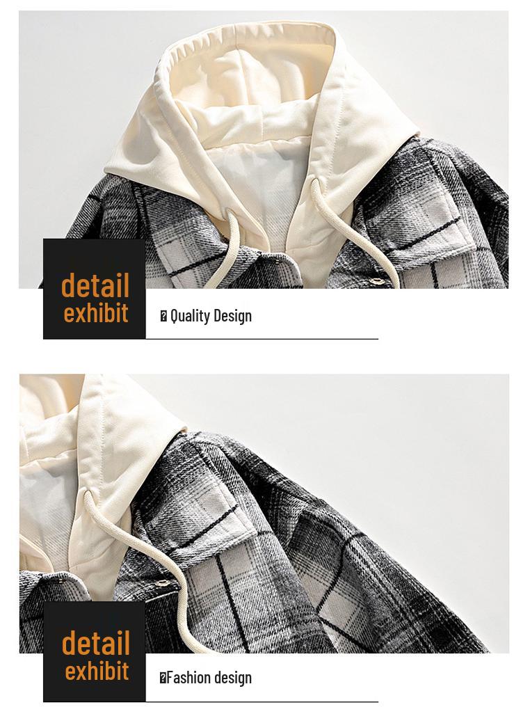 2025 Autumn Men's Retro Plaid Hooded Fake Two-Piece Casual Jacket
