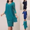 Büyük Beden Düz Renk Kadın Çift Katman 3/4 Kol Yuvarlak Yaka Bodycon Midi Elbise