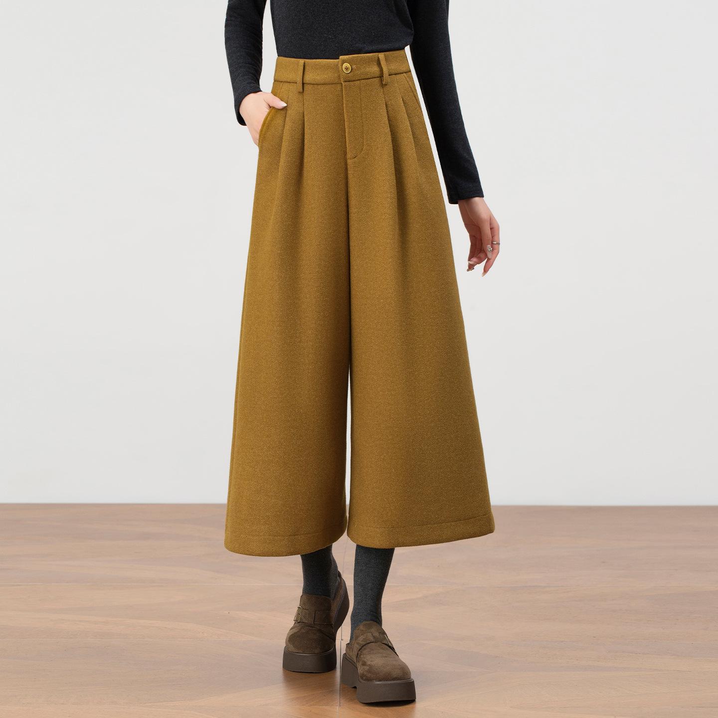 

Women s High-Waisted Wool Wide-Leg Cropped Pants - New 2025 Minimalist Winter Fashion for Petites 27 жовтий