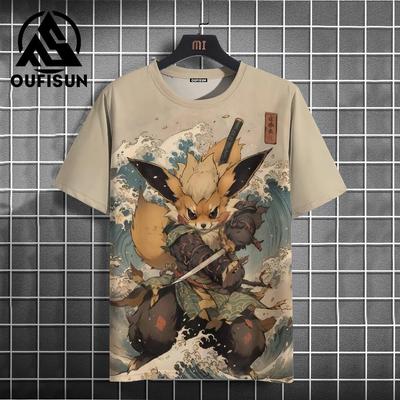 Summer Men's T-Shirt Japanese Samurai Cat Print Casual O-Neck Short Sleeve 3d T-Shirts Street Cool Tops Oversized Male Clothing