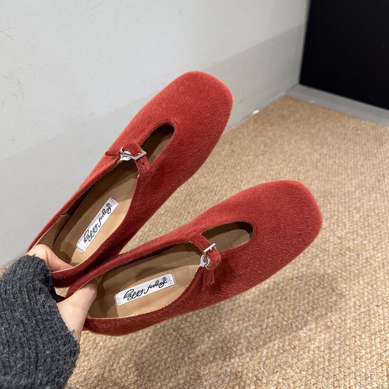 Fashion Buckle Fashion Flock Ladies Mary Janes Flats Shoes Female Square Toe Footwear Shallow Women Flats Slip On Shoes Lady
