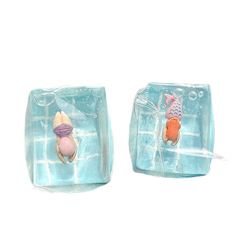 Cube Clear Maltose Squeeze Toy Ocean Pool Party Mermaid Swimmer Figure Squishy Stress Relief Decompression Toy for Kids Adults
