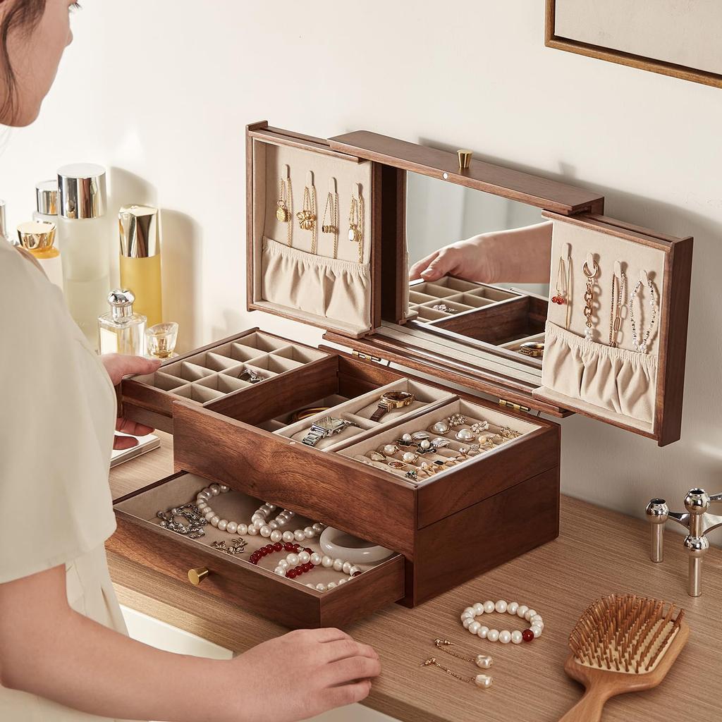 Homruilink Wooden Jewelry Black Large Capacity Jewelry Storage Case with Multifunctional Drawers for and Day Gift for Women Box, 3-Tier, Walnut,