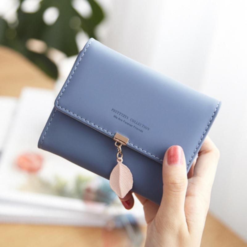 Women Wallets Leaf Pendant Fresh Style Multi-Card Short Wallet, Card Holder, Leather Clip, Coin Purse