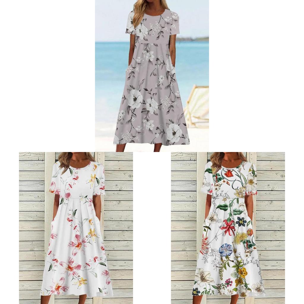 Summer Casual Women Dress With Floral Print And Large Skirt For Daily Wear