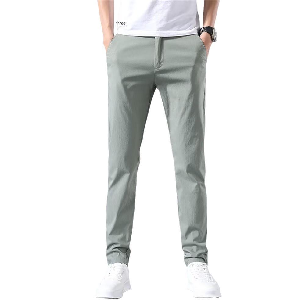 2025 Summer Men's Slim Straight Ice Silk Pants: Trendy, Elastic, Solid Color, Casual All-Match