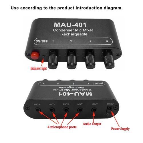 Aluminum Alloy Condenser Microphone Mixer, 4-in Condenser Microphone Mixer, Karaoke Mixer, 1-out Microphone Mixing System, Mini Audio Podcast Mixer fo