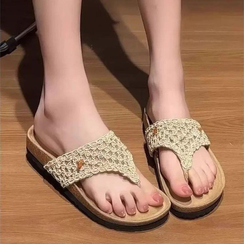 Woven flip-flops women's summer new versatile fashion pinch Birkenstock slippers flat bottom toe sandals women