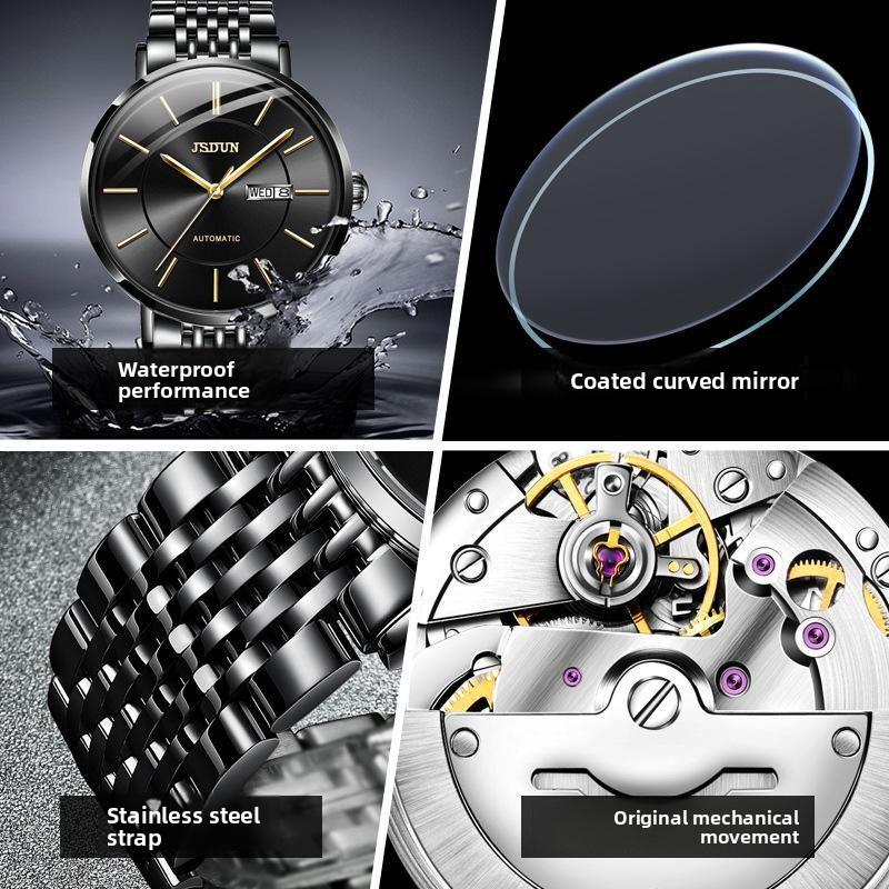 JINSHIDUN Brand Thin Automatic Mechanical Watch Double Calendar Waterproof Men's Watch