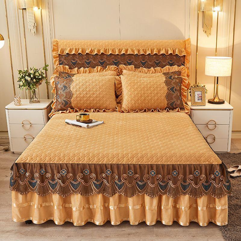 Quilted Bed Skirt Set with Heart Embroidery Lace Trim and Tie-Up High Drop  Includes 1 Bed Skirt and 2 Pillowcases