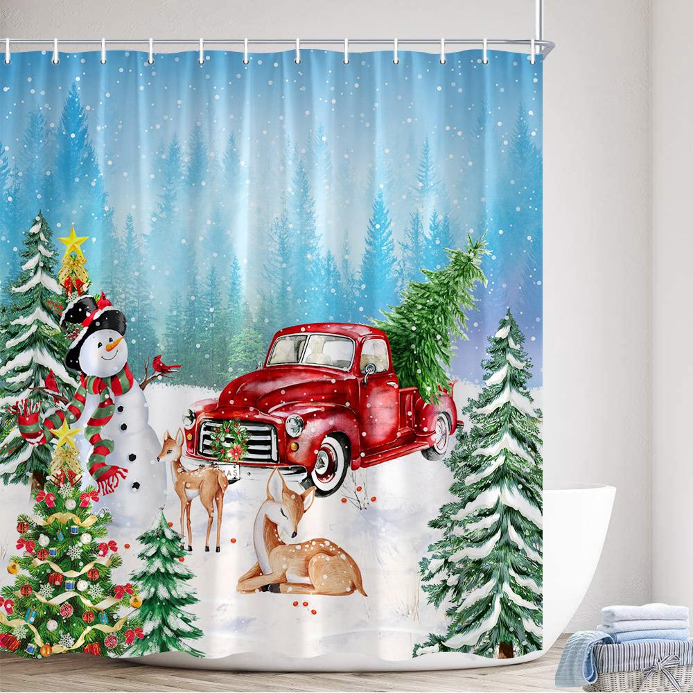 Christmas Shower Curtain Cute Snowman Santa Claus Xmas Tree Dog Winter Truck New Year Home Bathroom Curtains Decor With Hooks