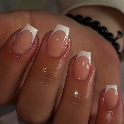 24pcs Glossy White French Tip Press On Nails - Full Cover Short Square False Nails for Women and Girls - Daily Wear