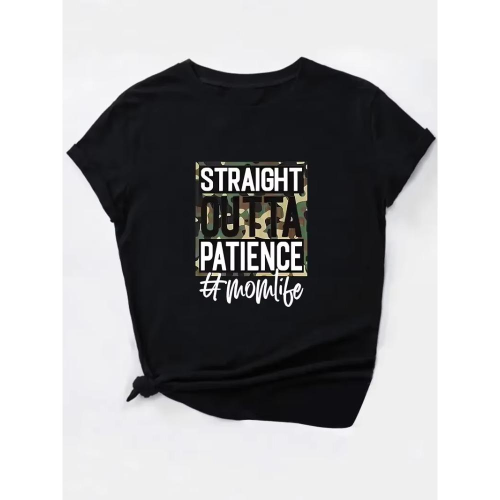 Camouflage Pattern And Letter Print Causal Sports T-shirt Short Sleeves Crew Neck Fashion Workout Tops Women's Activewear