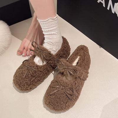 Sweet Fluffy Shoes for Women To Wear Outside Autumn and Winter 2025 New Velvet Beanie Shoes, Shallow Mouth Versatile Flat Bottom Warm Cotton Shoes