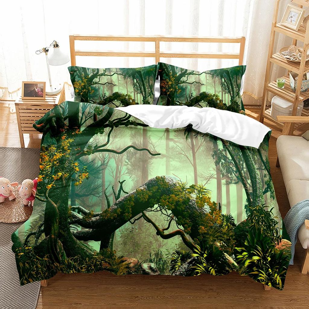 Tema Giungla Verde Copripiumino Matrimoniale King Queen Set Biancheria da Letto Alberi della Foresta Coperta Trapuntata Paesaggio Naturale Copripiumino in Poliestere