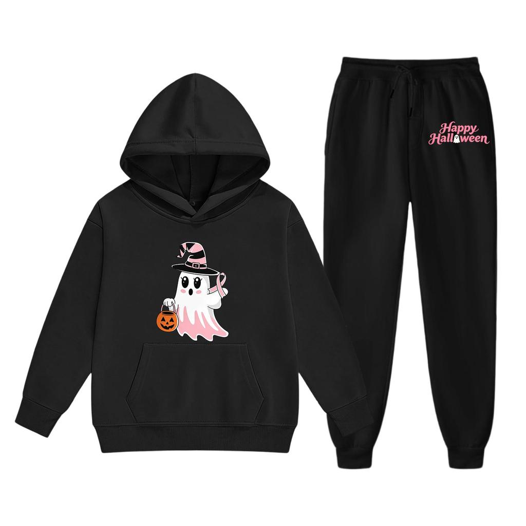 Kids Halloween Hoodie and Pants Set Ghost Print Hooded Sweatshirt and Matching Bottoms Comfortable Casual Outfit for Boys and Girls