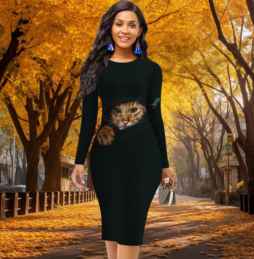 Long Sleeve Waist Tight Office Slim Fit Mischievous Cat Printing Elegant Bodycon Dress