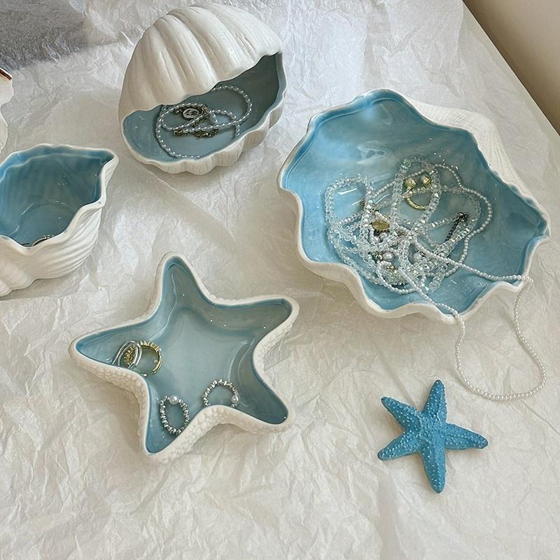 Ocean Shell Conch Sea Star Ceramic Jewelry Box Necklace, Ring Earring, Jewelry Storage Box Desktop Ornament