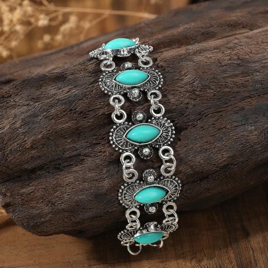 Turquoise Inlay Bracelet, Bohemian Style Distressed Bracelet, Adjustable Chain Hollow Carved Bracelet, Casual Boho Bracelet for Jewelry Gift