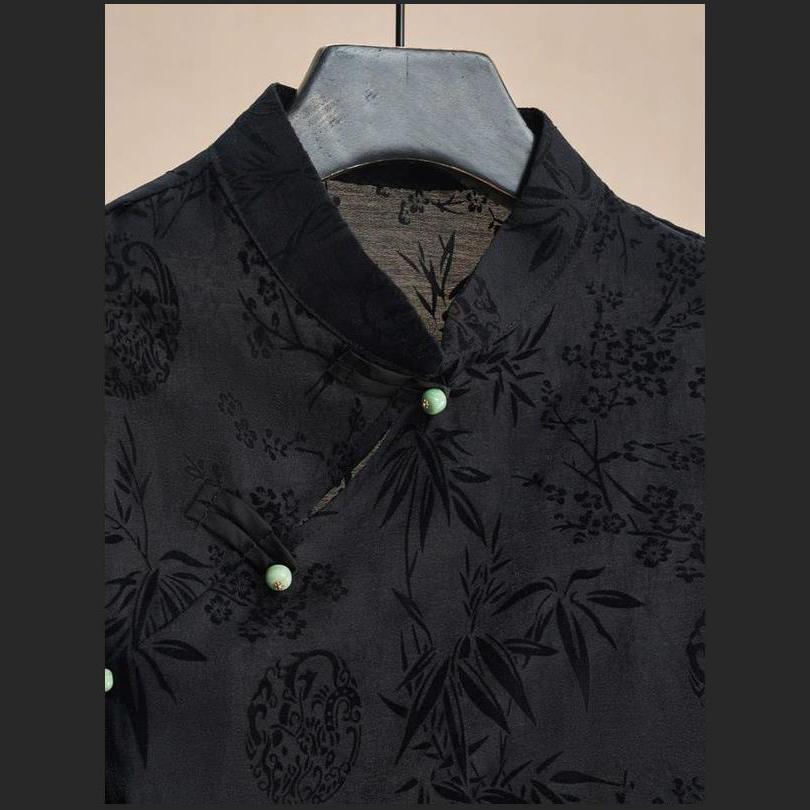 Women Chinese Style Summer Retro Thin Shirt Cheongsam Top Jacquard Short Sleeve T-shirt Black Mature Clothing