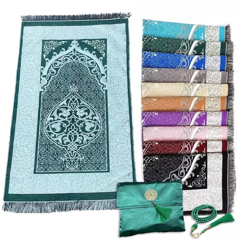 Fashionable Polyester Prayer Rug Portable Braided Mats Simply Print Muslim with Compass In Pouch Travel Mat